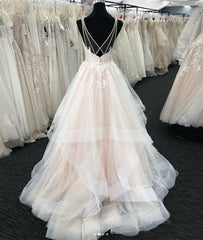 Wedding Dresses Trending, Light champagne v neck tulle lace long prom dress, wedding dress