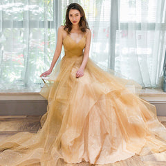 Elegant Dress, Light Champagne V-neckline Layers Straps Shiny Tulle Party Dress, Champagne Evening Gown Formal Dress