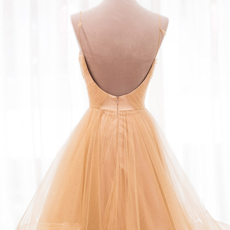 Dress Outfit, Light Champagne V-neckline Layers Straps Shiny Tulle Party Dress, Champagne Evening Gown Formal Dress