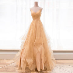 Quinceanera Dress, Light Champagne V-neckline Layers Straps Shiny Tulle Party Dress, Champagne Evening Gown Formal Dress