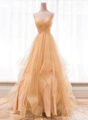 Hoco Dress, Light Champagne V-neckline Layers Straps Shiny Tulle Party Dress, Champagne Evening Gown Formal Dress