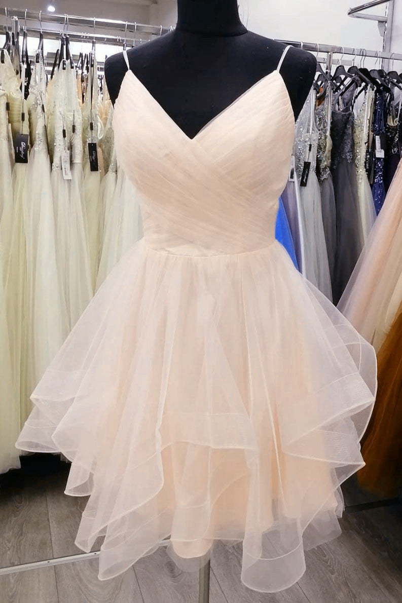 Bridesmaids Dresses By Color, Light Champagne V-neckline Straps Homecoming Dress, Tulle Short prom Dress Graduation Dress