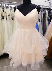 Bridesmaid Dresses By Color, Light Champagne V-neckline Straps Homecoming Dress, Tulle Short prom Dress Graduation Dress
