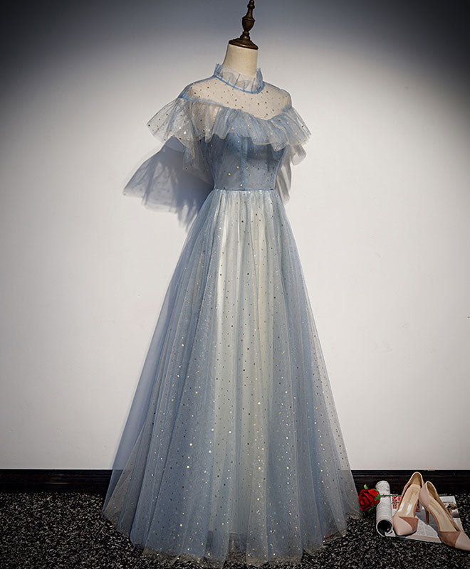 Homecoming Dress Shopping Near Me, Light Gray Blue Tulle Lace Long Prom Dress, Gray Blue Tulle Evening Dress
