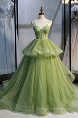 Prom Dressed Short, Light Green A-line Straps Ruffle-Layers Sweeping Maxi Formal Dress