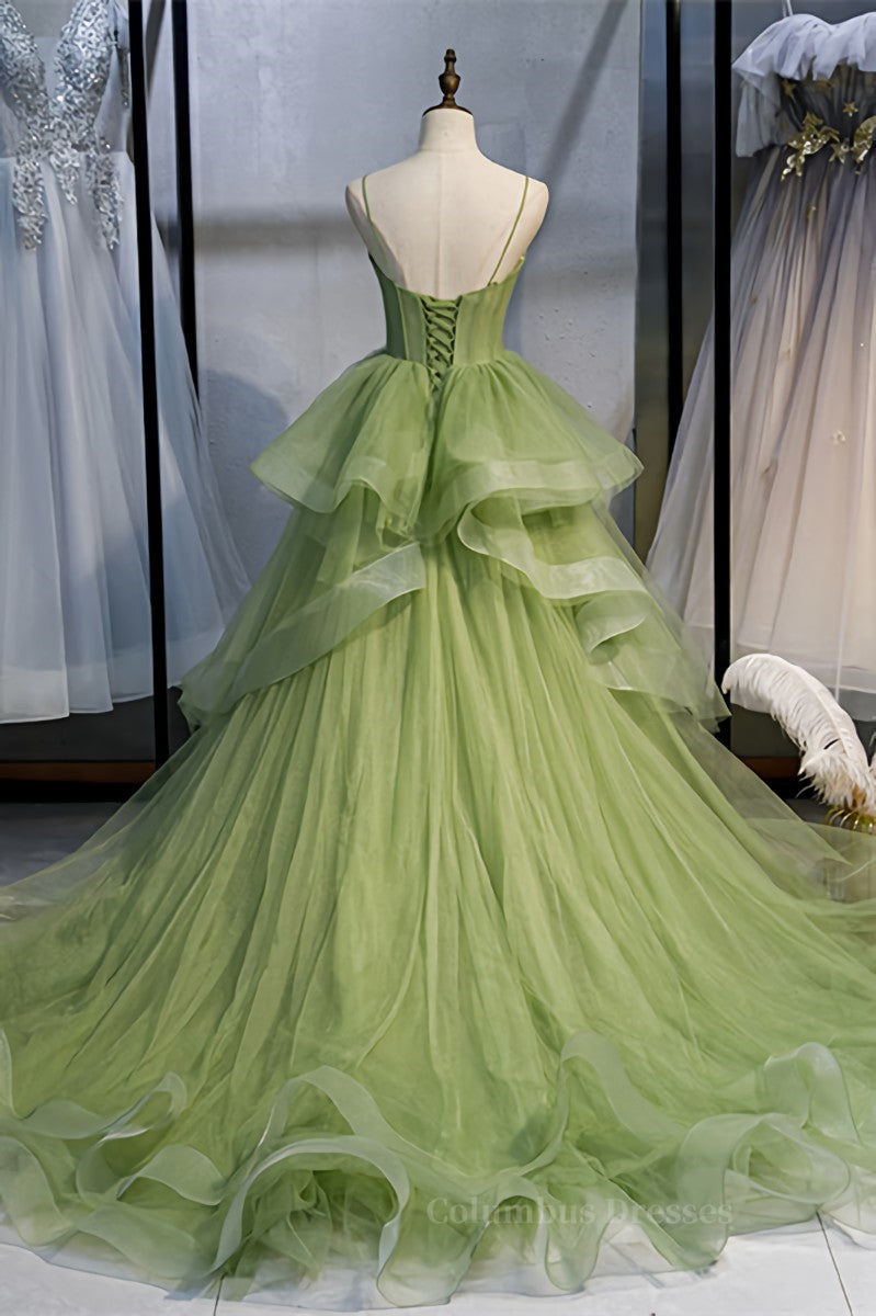 Prom Dresses Chiffon, Light Green A-line Straps Ruffle-Layers Sweeping Maxi Formal Dress