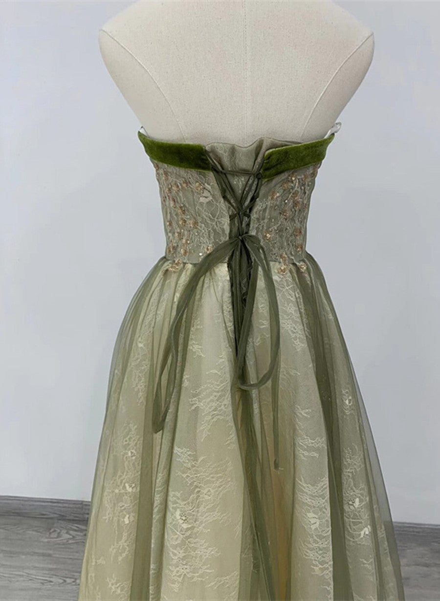 Bridesmaids Dress Blue, Light Green A-line Sweetheart Long Formal Dress, Green Lace Prom Dress