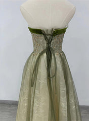 Bridesmaids Dress Blue, Light Green A-line Sweetheart Long Formal Dress, Green Lace Prom Dress