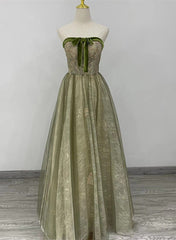 Bridesmaid Dress Blue, Light Green A-line Sweetheart Long Formal Dress, Green Lace Prom Dress