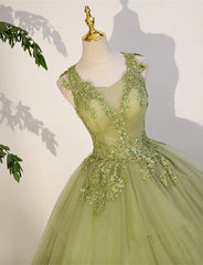 Bridesmaids Dresses With Sleeves, Light Green A-line Tulle with Lace Applique Prom Dress, Green Formal Dress