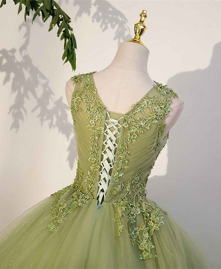 Bridesmaids Dresses Blue, Light Green A-line Tulle with Lace Applique Prom Dress, Green Formal Dress