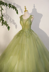 Bridesmaides Dresses Blue, Light Green A-line Tulle with Lace Applique Prom Dress, Green Formal Dress
