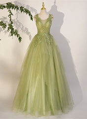 Bridesmaids Dresses Beach, Light Green A-line Tulle with Lace Applique Prom Dress, Green Formal Dress