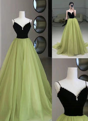 Prom, Light Green and Black Beaded Straps Long Party Dress, Green Tulle Evening Dress Prom Dress