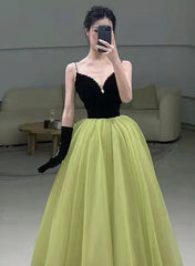 Pink Dress, Light Green and Black Beaded Straps Long Party Dress, Green Tulle Evening Dress Prom Dress