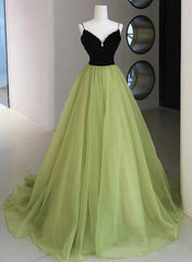 Formal Dress, Light Green and Black Beaded Straps Long Party Dress, Green Tulle Evening Dress Prom Dress