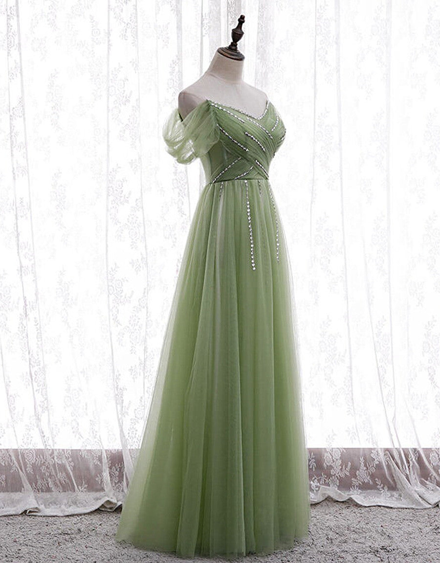 Bridesmaid Dresses Gold, Light Green Beaded Sweetheart Long Party Dress, Green Formal Dress Prom Dress