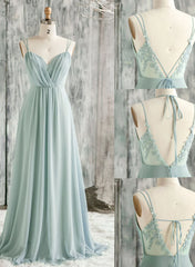 Modest Prom Dress, Light Green Chiffon with Lace Bridesmaid Dress, A-line Long Evening Party Dresses