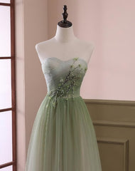 Party Dress Patterns, Light Green Gradient Tulle Long Formal Dress, Green Beaded Sweetheart Prom Dresses