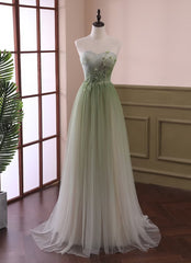 Party Dress Pattern, Light Green Gradient Tulle Long Formal Dress, Green Beaded Sweetheart Prom Dresses