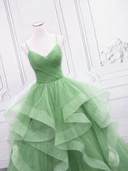 Party Dress Teen, Light Green Layers Tulle Straps Long Formal Dress, Light Green Sweet 16 Gown