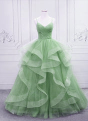 Party Dresses Teens, Light Green Layers Tulle Straps Long Formal Dress, Light Green Sweet 16 Gown