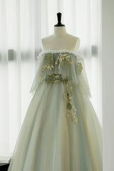 Prom Dress Country, Light Green Off Shoulder Tulle with Lace Long Prom Dress, A-line Green Party Dress