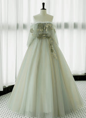 Prom Dresses Light Blue, Light Green Off Shoulder Tulle with Lace Long Prom Dress, A-line Green Party Dress