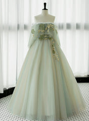 Prom Dress Long Sleeve Ball Gown, Light Green Strapless A-line Tulle Prom Dress,Unique Evening Dresses