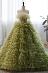 Bridesmaids Dress Long, Light Green Strapless Boning Ruffle-Layers Formal Dress with Feathers