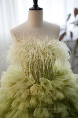 Bridesmaid Dresses Gowns, Light Green Strapless Boning Ruffle-Layers Formal Dress with Feathers