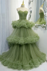 Bridesmaid Dresses White, Light Green Straps Ruffle-Layers Pleated Maxi Formal Dress