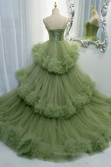 Bridesmaid Dresses Style, Light Green Straps Ruffle-Layers Pleated Maxi Formal Dress