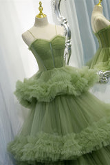 Bridesmaids Dresses Styles, Light Green Straps Ruffle-Layers Pleated Maxi Formal Dress
