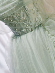 Bridesmaid Dresses Blushes, Light Green Tulle Beaded Sweetheart Long Prom Dress, A-line Green Formal Dress