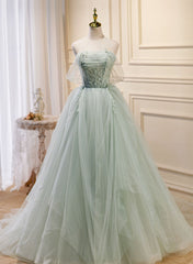 Bridesmaid Dress Winter, Light Green Tulle Beaded Sweetheart Long Prom Dress, A-line Green Formal Dress