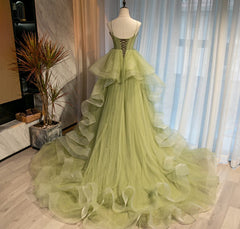 Wedding Dress With Corset, Light Green Tulle Layers Ball Gown Wedding Party Dress, Long Evening Dress Prom Dress