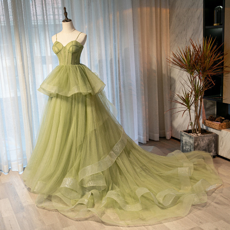 Wedding Dress With Long Sleeves, Light Green Tulle Layers Ball Gown Wedding Party Dress, Long Evening Dress Prom Dress