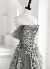 Bridesmaid Dress Color Schemes, Light Grey A-line Tulle Long Formal Dress, Grey Tulle with Lace Applique Party Dress