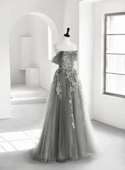 Bridesmaids Dresses Color Schemes, Light Grey A-line Tulle Long Formal Dress, Grey Tulle with Lace Applique Party Dress