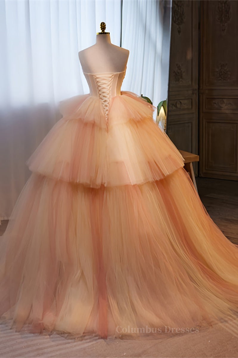 Party Dress Online, Light Orange Strapless A-line Multi-Layers Long Prom Dress