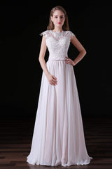 Wedding Dresses Trains, Light Pink Chiffon Wedding Dresses with veil Lace Appliques Top Short Sleeve