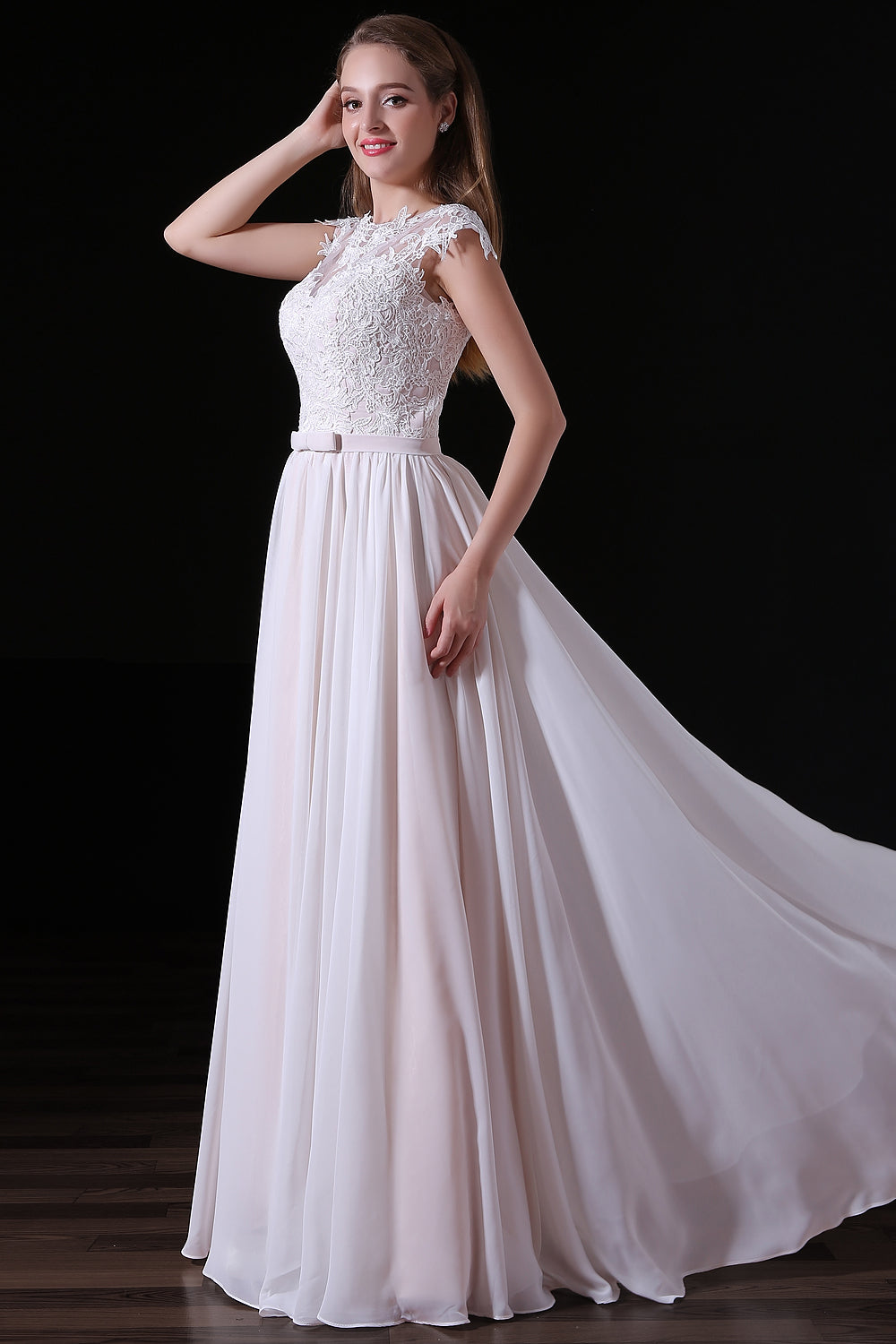 Wedsing Dresses Boho, Light Pink Chiffon Wedding Dresses with veil Lace Appliques Top Short Sleeve