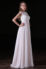 Wedding Dressed Boho, Light Pink Chiffon Wedding Dresses with veil Lace Appliques Top Short Sleeve