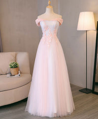 Mini Dress Formal, Light Pink Lace Off Shoulder Long Prom Dress, Pink Evening Dress