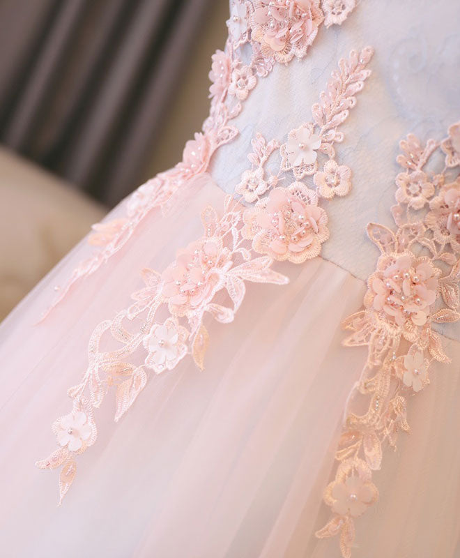 Silk Prom Dress, Light Pink Lace Off Shoulder Long Prom Dress, Pink Evening Dress