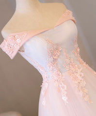 Dress Aesthetic, Light Pink Lace Off Shoulder Long Prom Dress, Pink Evening Dress