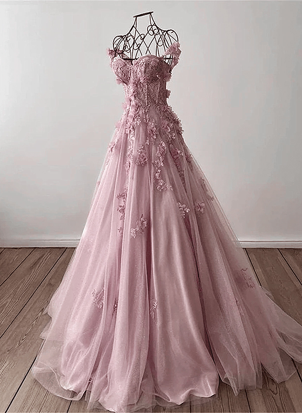 Unique Prom Dress, Light Pink Off Shoulder Tulle Floral Party Dress, A-line Pink Tulle Prom Dress Evening Dress