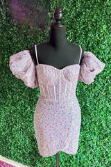 Prom Dresses Long Navy, Light Pink Puff Sleeves Sequins Sheath Homecoming Dress Cocktail