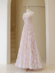 Prom Dress Corset Ball Gown, Light Pink Round Neckline Lace Long Prom Dress, A-line Pink Floor Length Party Dress